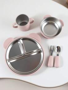 5 PIEZAS Juego de alimentación personalizado para bebé - Plato de acero inoxidable con 3 secciones y funda de silicona grabado, taza a juego, tazón y utensilios con mango de silicona - Multicolor - Ver 15