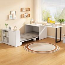 This 2-In-1 Folding Desk And Bed Features A Metal Frame And Legs, A 4cm Thick Mattress, Wheels, A Single Wardrobe With Two Storage Compartments, And Is White. - White - View 6