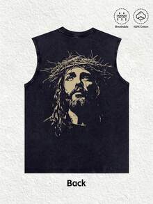 Men's  Printed Vintage Washed Vest,Sleeveless Printed T-Shirt, Featuring A "Jesus With A Crown Of Thorns," Is  Y2K Style Street Fashion Men's Washed Vest, Vintage Design. The Front Features A Cross Adorned With A Crown Of Thorns, While The Back Displays An Artistic Portrait Of Jesus Wearing The Crown. Made From Highly Breathable 100% Cotton, Round Neck Short-Sleeved Casual T-Shirt.This Vest Is Ideal For Easter Celebrations, Church Events, Or Everyday Wear, Adding A Touch Of Religious And Nostalgic Charm To Your Outfit. This Men's Crew Neck Printed Casual Vest Makes A Great Gift For Friends And Family. 100% Cotton T-Shirt, Stylish And Youthful Design. Unisex Graphic Summer Short-Sleeved T-Shirt, Back-To-School Essential | Couple Gift | Holiday Gift | Easter Gift - 黑色 - 查看 4