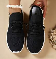 Minimalist Lace Up Decor Knit Running Shoes - màu đen - Xem 2