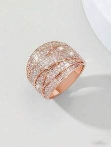 1 pieza Anillo de lujo de moda casual de alta gama con línea ancha cruzada y multicapa de circonita cúbica, adecuado para fiestas, uso diario y como regalo - Líneas anchas que se cruzan - Ver 6