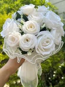 1件乡村风新娘捧花，婚礼花束，人造玫瑰，伴娘礼物，求婚，婚礼摄影 - 彩色 - 查看 1