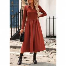 Kasin Women's Fall Long Sleeve Midi Dress 2025 Casual Polo V Neck Ribbed Knit A Line Flowy Work Dresses With Pockets - Red - View 9