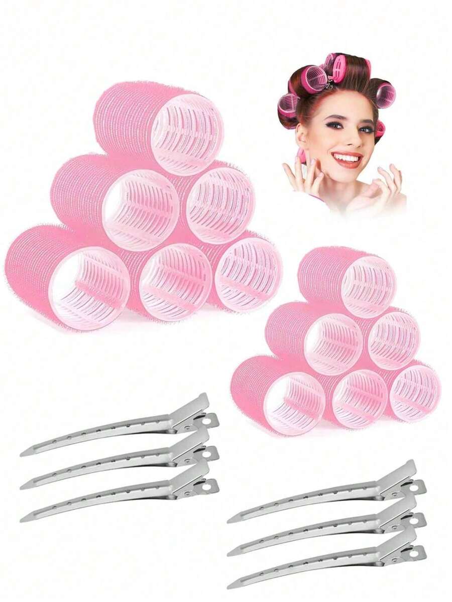 18pcs Large Self-Adhesive Hair Curlers With Clips, Suitable For Long, Medium, Short Hair And Bangs, DIY Hair Curling Tool - Pink - View 1
