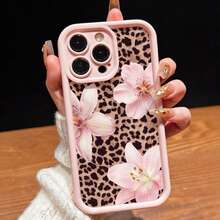 粉色甜美百合花性感豹纹磨砂防摔手机壳，适用于 11 12 13 14 15 16 13 Pro Max 16 Plus XR 7 8 P 17 Pro Max AIR - 粉色 - 查看 3
