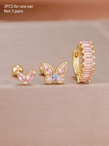 3 件套可爱 18K 镀金不锈钢蝴蝶耳钉套装，女士粉色锆石耳骨穿孔耳环，适合女孩日常佩戴，可作礼物 - 1-Gold-3pcs - 查看 5