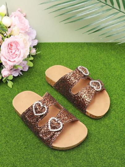 Sequin Heart Buckle One-Piece Slippers Thick Sole Casual Sandals For Summer Outdoor Wear, Fashionable Rhinestone Slides