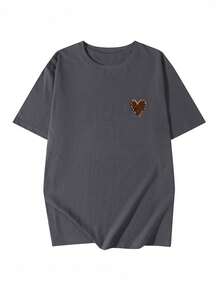 Women's Casual Round Neck Loose Fit Heart & Leopard Print Letter Graphic Short Sleeve T-Shirt, Spring/Summer - Dark Grey - View 5