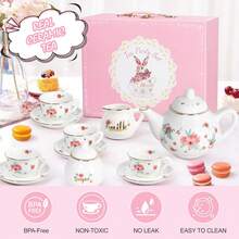 Juego de té de porcelana para niñas, juego de fiesta de té para niñas pequeñas, juego de té para niños, juego de cocina de simulación, juego de té de princesa con tazas de tetera, estuche de - 1 - Ver 6