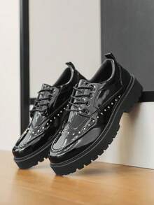 Men's Vintage Thick-Sole Elevator Shoes, Dark Wrinkled Lace-Up Derby Formal Shoes, Platform Work Casual Sneakers, Street Fashion Essential - Black - View 7