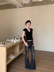 High Waist Flare Leg Slim Fit Fringed Casual Women Jeans, Solid Color, All Season - Black - View 4