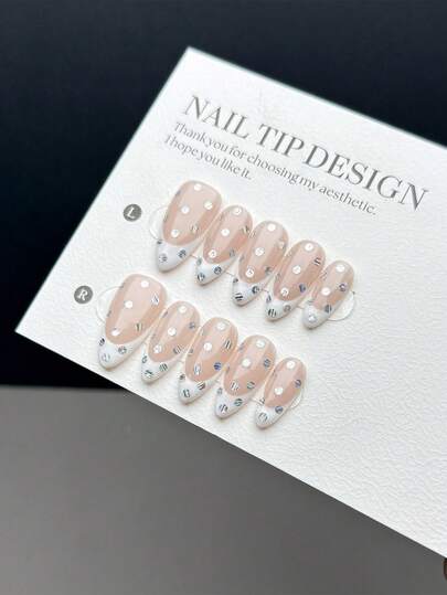 10 Pieces Of Purely Handmade Wearable Nail Tips, Medium-Long Almond-Shaped Nail Type With Press-On Fake Nails, Featuring A Minimalist French Style. It Has A Nude Base Color Paired With White French Tips, Adorned With Laser Silver Circular Sequins, Making Your Fingertips Sparkle Vividly. It Is A High-End Nail Art Fake Nail Product Suitable For Daily Wear By Women And Girls, Coming With A Nail Kit.