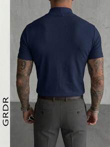 GRDR Men's Solid Color Stand Collar Short Sleeve Casual Versatile T-Shirt - Navy Blue - View 5