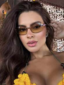 欧美夏季新款Y2K性感少女时尚眼镜，一体式字母时尚眼镜，Y2K超薄环绕式时尚眼镜，女士沙滩配饰眼镜 - 鍍膜粉 - 查看 4