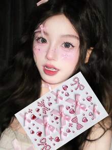 粉色3D缎面蝴蝶结爱心水钻贴纸，少女风水钻贴纸，适用于手机壳装饰、DIY手工、舞台妆容、手账装饰、芭蕾舞Y2K美学配饰、不透明可移除贴纸、创意美甲水钻装饰、演唱会妆容、面部装饰 - 粉色 - 查看 2