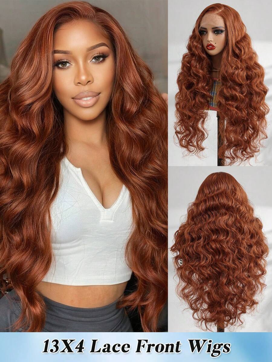 高光蜂蜜金棕色波浪卷发13x4蕾丝前假发，带婴儿发，无需胶水，28英寸日本纤维弹性网帽，可随意搭配，情人节女士假发
