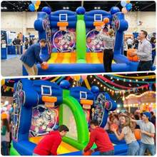 Tiro inflable de baloncesto de 13 x 10 x 10 pies juego de baloncesto inflable con 2 aros y 4 bolas soplador de aire para fiestas al aire última intervensión eventos juegos de césped - Azul y verde - Ver 6