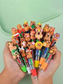 24支装水豚四色圆珠笔套装，派对礼品，多色笔套装，卡通风格可爱四合一按动式圆珠笔，水豚造型圆珠笔，节日派对、生日礼物的理想之选 - 彩色 - 查看 1