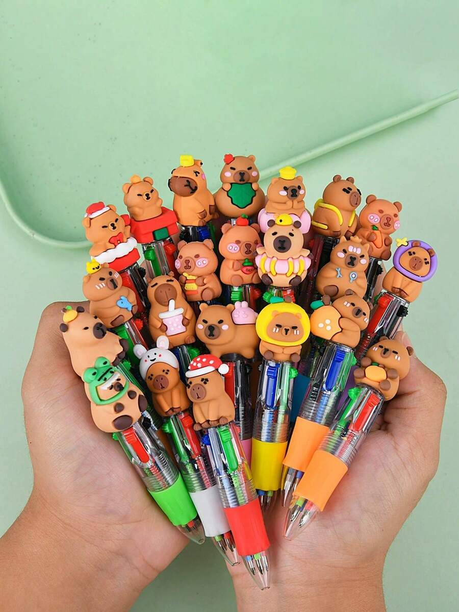 24支装水豚四色圆珠笔套装，派对礼品，多色笔套装，卡通风格可爱四合一按动式圆珠笔，水豚造型圆珠笔，节日派对、生日礼物的理想之选 - 彩色 - 查看 1