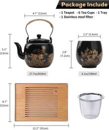 Dujust Juego de té japonés, juego de té de porcelana cian-azul con 1 juego de tetera, 6 tazas de té, 1 bandeja de té, 1 infusor de acero inoxidable, juego de té asiático para amantes del - Negro - Ver 3