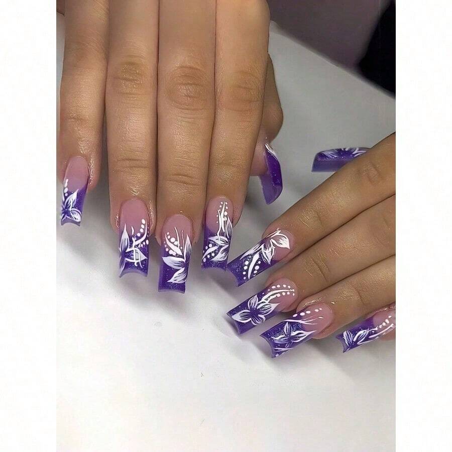 24pcs Long European Square Fake Nails, Purple French White Flower Nail Art Fake Nails, Wearable Nails, Fully Covered And Removable, Suitable For Women's Parties, Dancing, And Daily Use - Màu tím - Xem 1