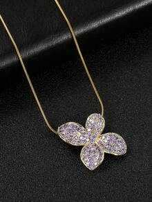 1pc Fashion Cubic Zirconia Flower Pendant Necklace, Snake Bone Clavicle Chain, Daily Wear Gift For Women - Gold - View 8