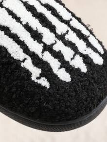 一双黑色万圣节毛绒拖鞋，朋克骷髅头卡通摇滚图案刺绣毛绒套脚拖鞋，男女通用，舒适室内卧室地板防滑保暖厚底毛绒拖鞋，秋季和万圣节的完美礼物 - 黑色 - 查看 7