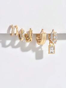 5pcs/Set Minimalist Zirconia Stud Earrings Set, Elegant Suitable For Women's Date, Party, Daily Commute Wear - Yellow Gold - View 4