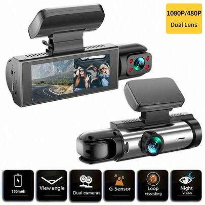 1pc 1080P Dual-Lens Dash Cam, Suitable For Cars, Front And Interior, With 3.16" IPS Screen Wide-Angle Car DVR Camera, Compact Design, Easy Installation, Discreet And Fits Most Vehicles