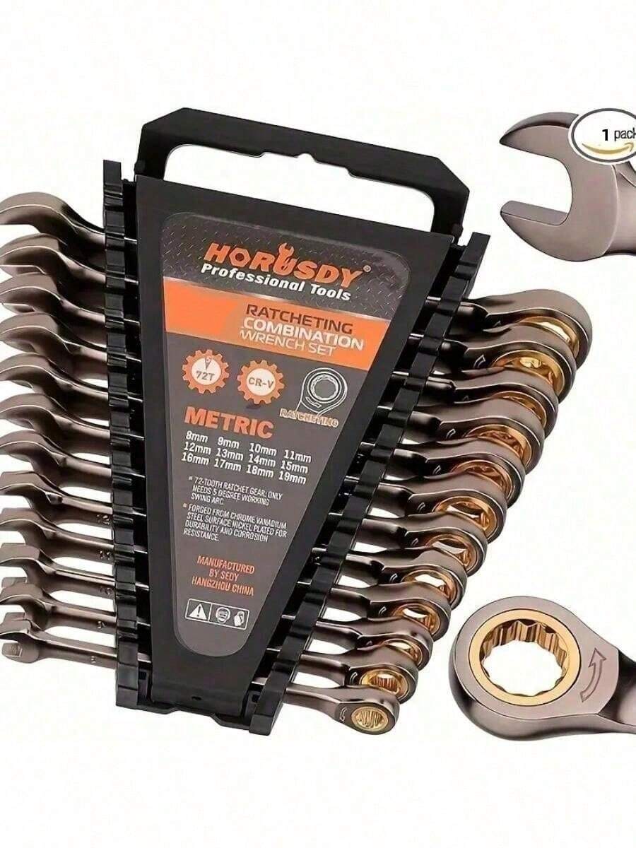 72-Tooth Chrome Vanadium Steel Metric Ratchet Wrench Set, 8-19mm Ratchet Combination Wrench With Organizer - Random Style Wrench - View 1