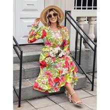 Women's Floral Midi Dress Long Sleeve V Neck Smocked Ruffle Boho Fall Dress - 粉色 - 查看 6