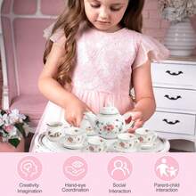 Juego de té de porcelana para niñas, juego de fiesta de té para niñas pequeñas, juego de té para niños, juego de cocina de simulación, juego de té de princesa con tazas de tetera, estuche de - 1 - Ver 4