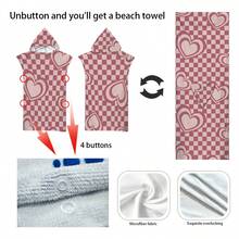 1pc Heart, Stripe, Fruit, Flower, Ocean Element Hooded Printed Cloak, Ultra-Fine Fiber Beach Blanket And Hooded Beach Wrap 2-In-1, With Buttons, Unbuttoned Can Be Converted Into Beach Blanket, Super Absorbent Towel, Suitable For Travel, Pool, Diving, Surfing, Yoga, Camping - Multicolor - View 12