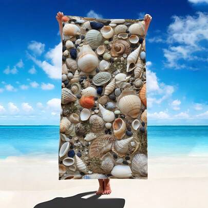 1pc Beach Shell & Pebble Design Microfiber Beach Towel, Extra Large Absorbent Blanket, Suitable For Beach, Pool, Travel, Camping, Yoga
