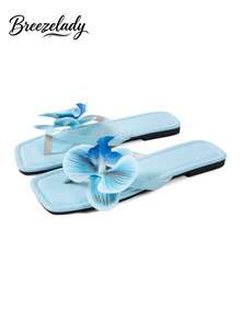 Breezelady New 2025&2026 Large Size European Style Summer Open Toe Faux Flower Decor Flat Slide Sandals For Women - 藍色 - 查看 2