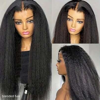 Tóc giả thẳng xoăn 28 inch, kiểu ren phía trước 13x4, làm từ tóc người thật, dành cho nữ, kiểu Yaki thẳng, làm từ tóc người thật, đã được tỉa sẵn, mật độ tóc người thật 180%, màu đen tự nhiên.