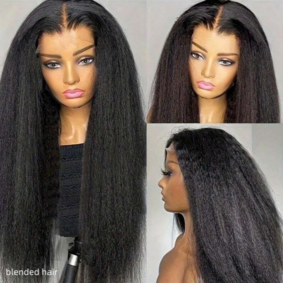 28英寸蓬松直发假发，13x4蕾丝前假发，真人发混纺，女士Yaki直发假发，预先拔毛，180%密度，自然黑 - 自然色&黑色系 - 查看 1