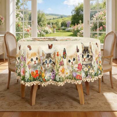1 Khăn trải bàn in hình mèo con và hoa xinh xắn, chất liệu polyester cao cấp, viền ren, chống bám bẩn, chống thấm nước, có thể giặt, không nhăn, thích hợp cho mọi dịp, lễ hội mùa xuân, Ngày của Mẹ, đám cưới, tiệc tùng, trang trí nhà cửa, phụ kiện không thể thiếu cho bàn ăn và nhà bếp, trang trí nhà cửa, khăn trải bàn, trang trí bàn tiệc cưới, trang trí trung tâm bàn tiệc cưới, trang trí phòng, trang trí cổ điển.