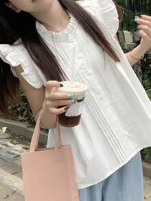 格子荷叶边无袖宽松衬衫，夏季 - 白色 - 查看 2