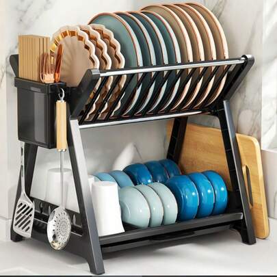 Giá phơi bát đĩa 2 tầng, kèm khay hứng nước và giá đựng dao nĩa, giá để ráo nước đa năng cho bồn rửa nhà bếp, giá phơi bát đĩa để bàn dùng trong nhà bếp, đựng đồ dùng gia đình, bát đĩa, cốc chén, dụng cụ nhà bếp.