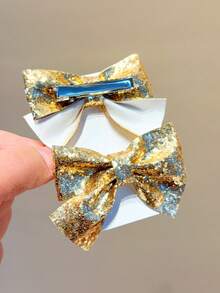 2pcs Girls Glitter Bow Hair Clips, Fashionable Elegant Butterfly Hair Accessories - Multicolor - View 5