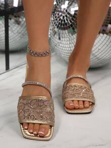 Sandalias planas de verano para mujer con punta abierta: Chanclas cruzadas anudadas de nicho para uso casual diario, diapositivas de playa de verano suaves para exteriores - Dorado - Ver 3