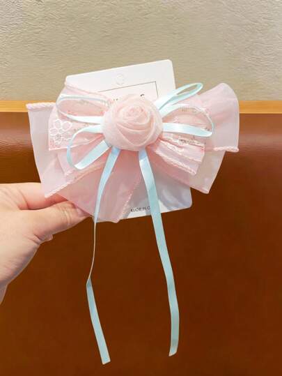 1 pieza Clip de pelo con lazo de rosa de hada para adolescentes, pasador lateral de cinta de malla dulce, accesorio de pelo estilo Lolita para estudiantes