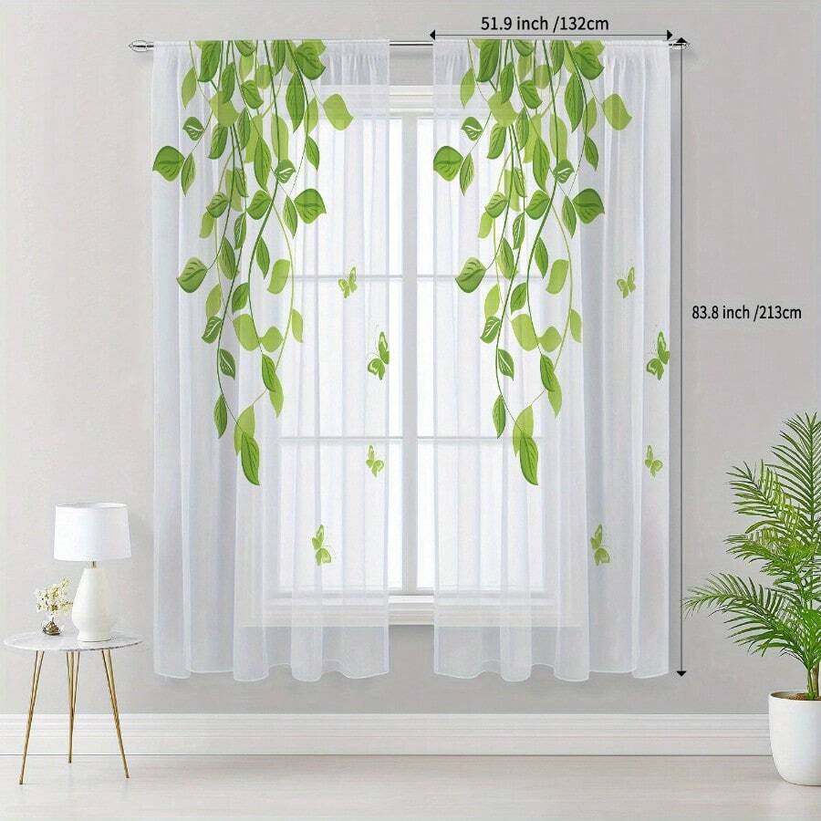 Bộ 2 rèm voan mỏng có họa tiết dây leo xanh và bướm, in phẳng 2D, và có độ trong suốt nhất định, mang đến phong cách tươi mới và tự nhiên, phù hợp cho phòng khách, phòng ngủ và phòng ăn. - Nhiều màu - 2 chiếc - Xem 1