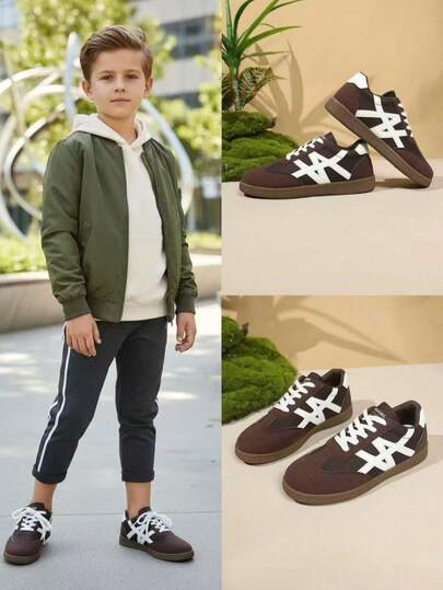 1 Pair Brown Plus Size Casual Sports Shoes For Teens, Solid Color Soft Breathable Suede & PU Leather, Round Toe Soft Sole Non-Slip, Front Lace-Up Design, Fashion Lightweight Running Sneakers Suitable For Male/Female Students Everyday Casual, Vacation, Campus, Workout, All Season