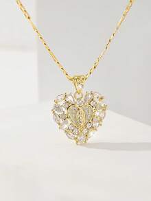 14K Gold Plated Copper Women's Heart-Shaped Christian Necklace, With A Rounded Heart Silhouette, Inlaid With Classic Images Of Virgin Mary, Judas And Death, Edged With Transparent Zirconia To Enhance Soft Texture. Paired With 60cm Chain, Suitable For V-Neck, High Neck Or Layered Wear, Perfect For Daily Commute And Church Activities, Combining Feminine Softness And Faith Expression. - Virgin Mary - View 3