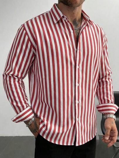 Chemise rayée rouge et blanche pour hommes, chemise boutonnée rayée rétro style bonbon, chemise style resort méditerranéen, chemise habillée à manches longues coupe slim style décontracté moderne