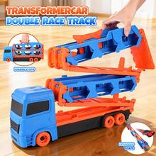 二合一儿童双轨赛车玩具，可折叠集装箱卡车设计，可收纳6辆合金小车，一键发射，儿童轨道玩具，男孩玩具车，生日/节日礼物 - 彩色 - 查看 7