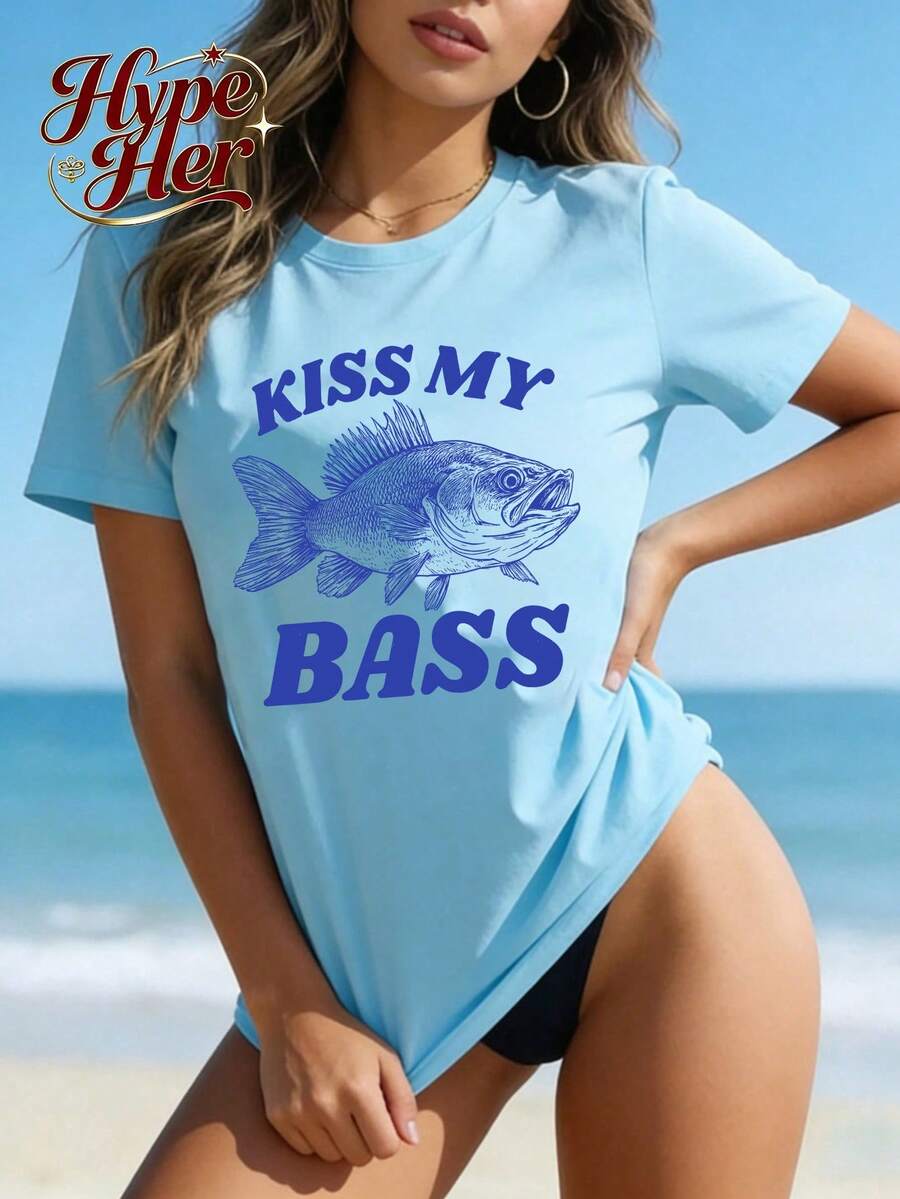 HypeHer Best Selling 2026, Women's Oversized Cotton Short Sleeve Round Neck T Shirt With Blend Kiss My Bass Fish Print For Streewear Or Officewear, Fashionable Everyday Top, Summer Outfits For Women - màu xanh nhạt - Xem 1