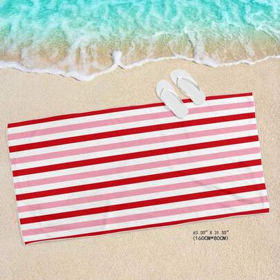 1pc Red, White And Pink Striped Beach Towel, Rectangular, Made Of Polyester Fiber, Featuring A Retro American Style And Vibrant Summer Vibe. Soft, Skin-Friendly, Quick-Drying Fabric, Suitable For Beach Vacation, Sunbathing, Swimming, Daily Home Use And More. It Is Both A Practical Towel And A Vintage-Inspired Photography Prop, Lively And Versatile, A Classic Item For Leisure Travel And Daily Use.